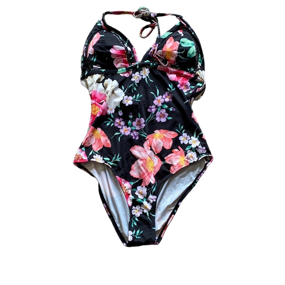 Tempt Me One Piece Swimsuit Black Floral Print SIZE M Halter Ruched NWT